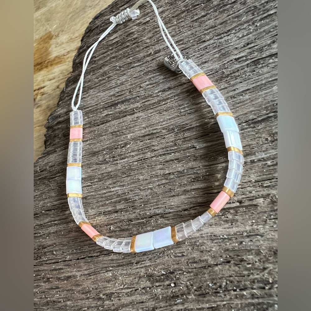 Colorful Miyuki Tila Glass Bead Bracelet Peachy Coral Clear Iridescent Colors
